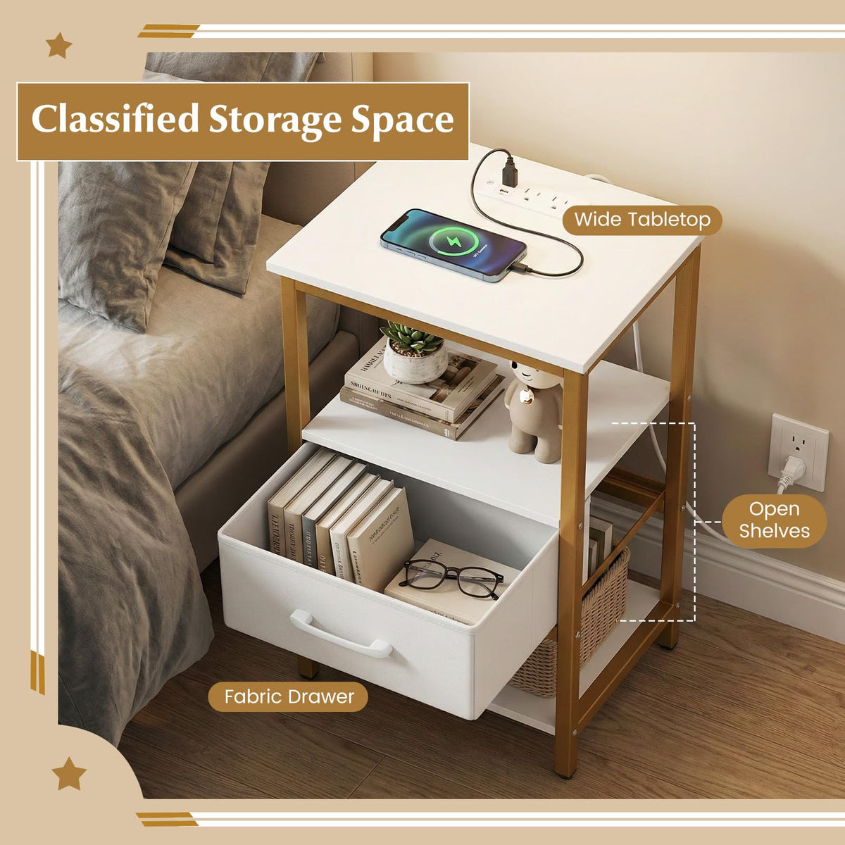 Goflame Nightstand with Charging Station and Adjustable Fabric Drawer for Bedroom and Living Room