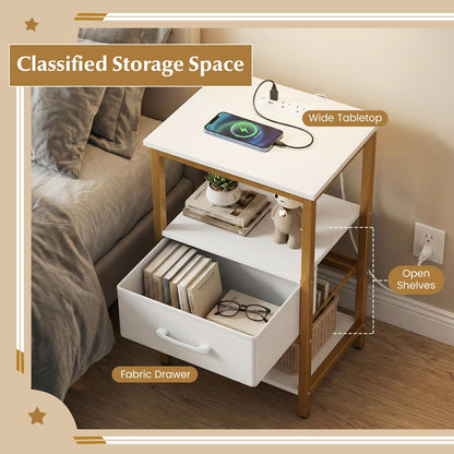 Goflame Nightstand with Charging Station and Adjustable Fabric Drawer for Bedroom and Living Room