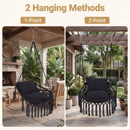 Goflame Macrame Hammock Chair w/Removable Cushions & Sturdy Metal Ring