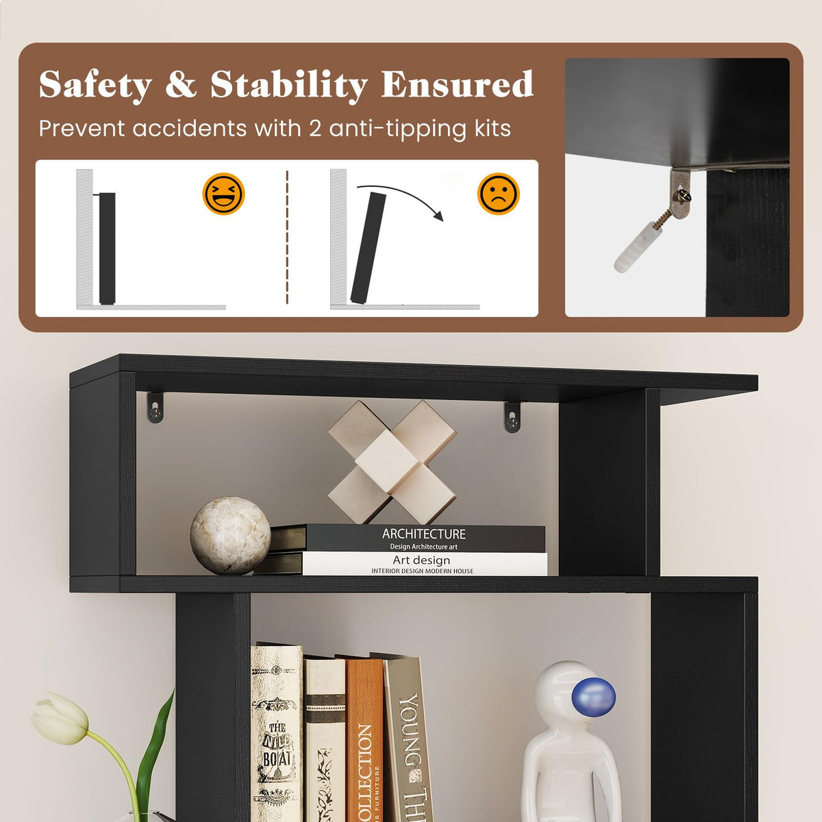 Goflame S Shaped Bookcase with 2 Anti Tipping Kits