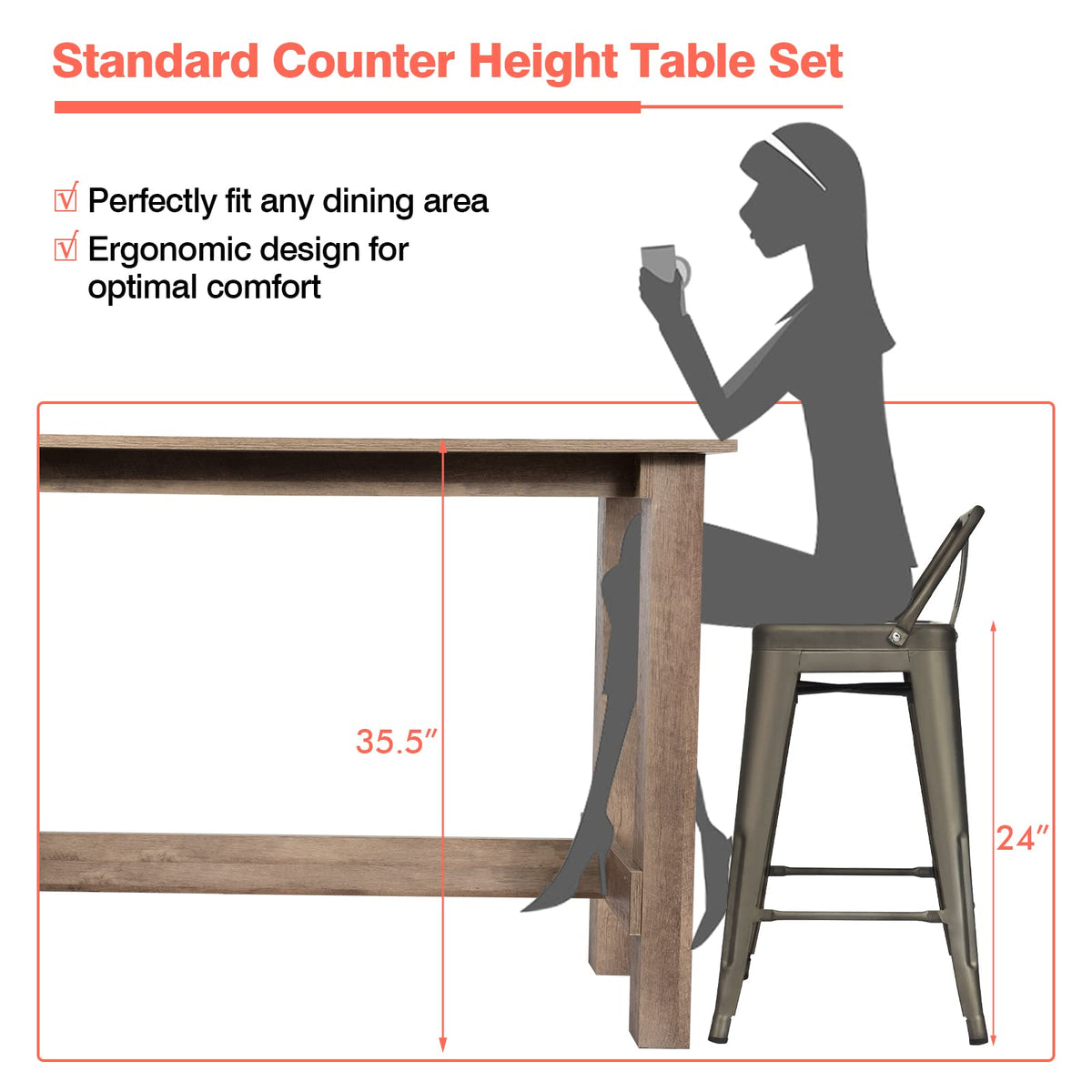 Goflame 5 Pieces Dining Table Set, Rectangular Counter Height Table w/ 4 Metal Bar Stools