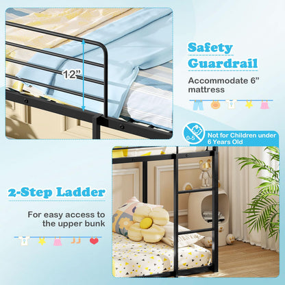 Goflame Twin Over Twin Bunk Bed with Slide & Ladder House-Shaped Metal Bunk Bed Frame with Safety Guardrail & Roof