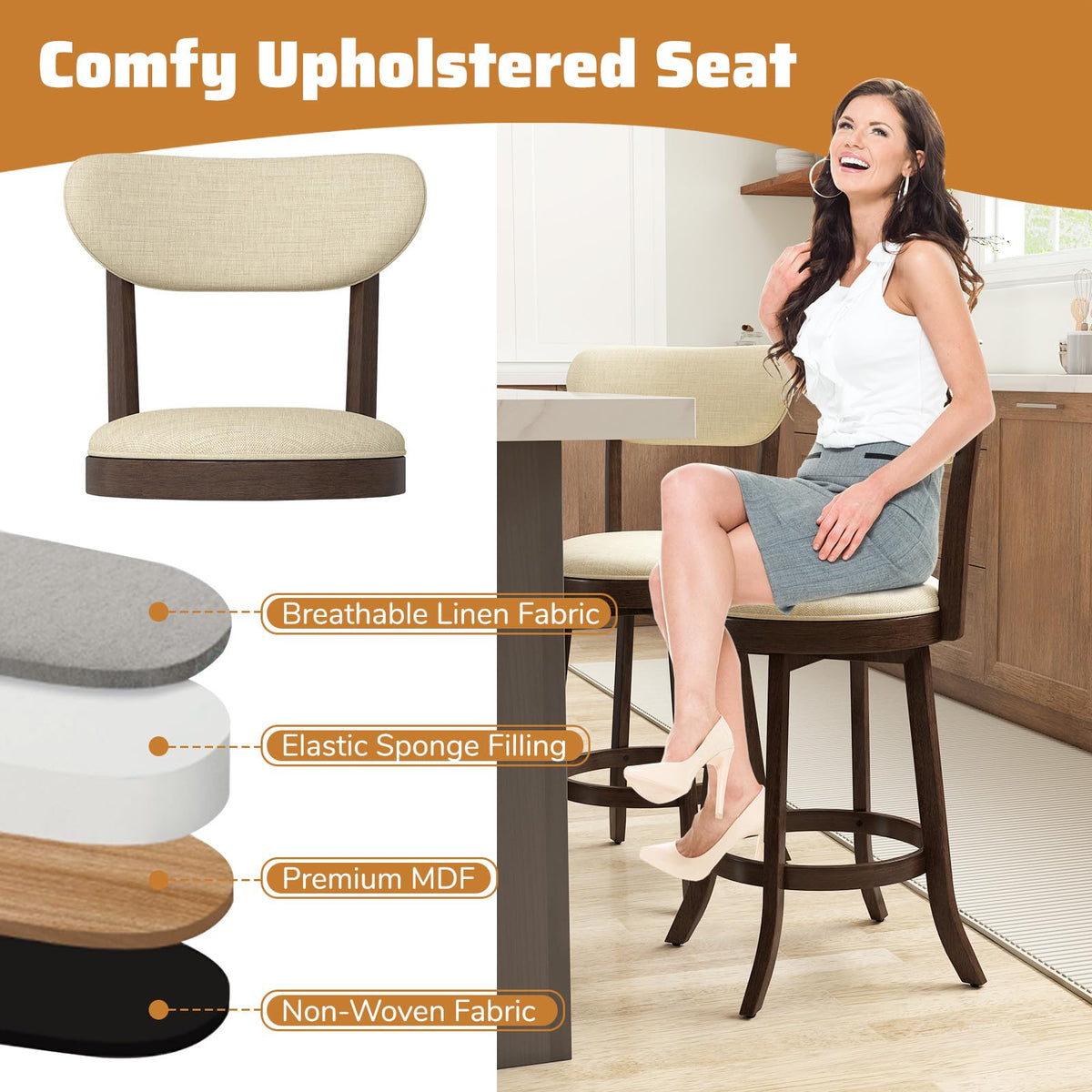 Goflame 25.5" Counter Height Upholstered Linen Barstools