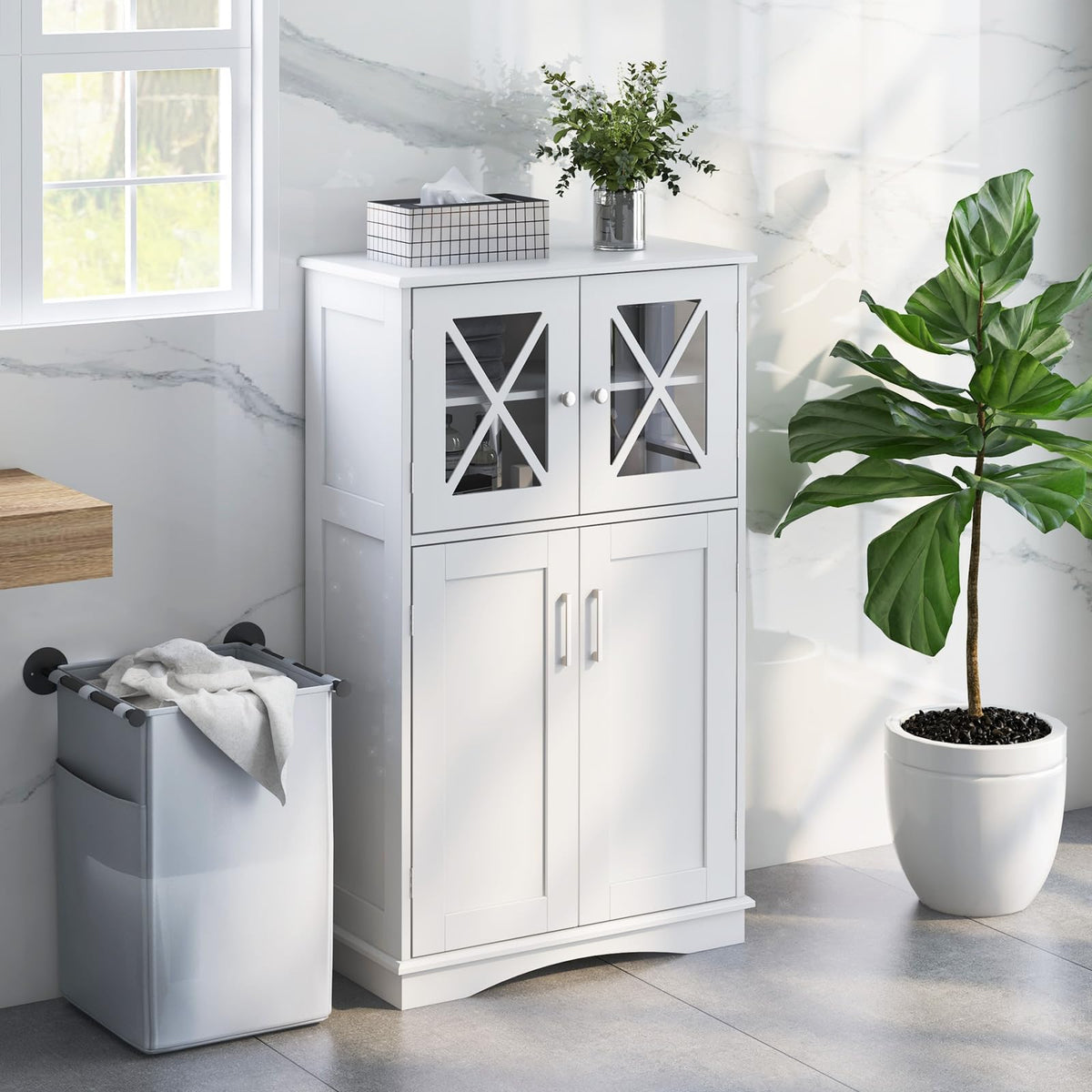 Goflame Bathroom Floor Storage Cabinet - Linen Floor Cabinet with Doors and Adjustable Shelves