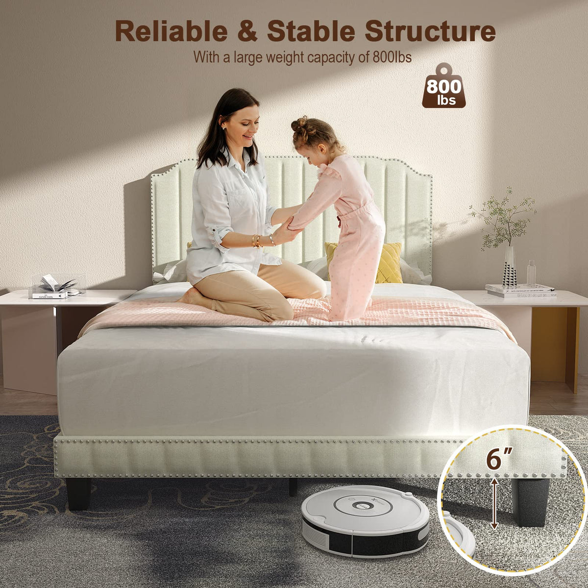 Goflame Queen/Full/Twin Size Upholstered Bed Frame, Linen Platform Bed w/Rivet Headboard, Heavy Duty Mattress Foundation