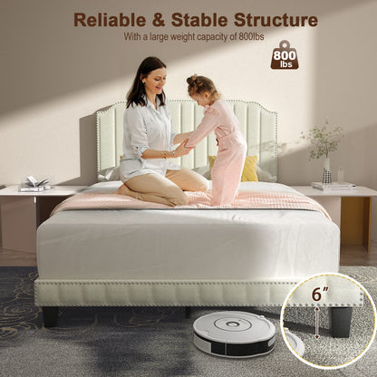 Goflame Queen/Full/Twin Size Upholstered Bed Frame, Linen Platform Bed w/Rivet Headboard, Heavy Duty Mattress Foundation