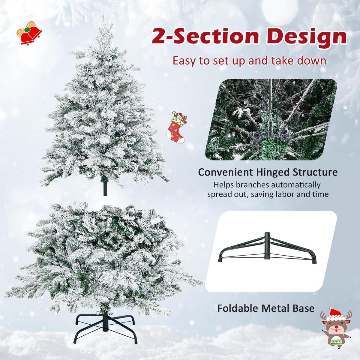 Goflame Pre-Lit Snow Flocked Christmas Tree, Artificial Hinged Xmas Tree with Branch Tips, PE & PVC Mixed Leaves