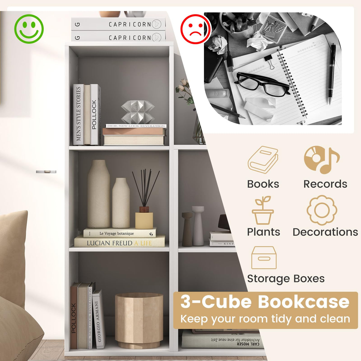 Goflame 3-Cube Bookcase, White Cubby Bookshelf w/Back Guardrail & Anti-Tipping Kits