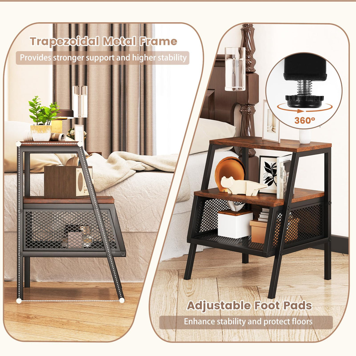 Goflame Industrial Nightstand 3-Tier End Table with 2 Open Shelves and Metal Mesh Compartment