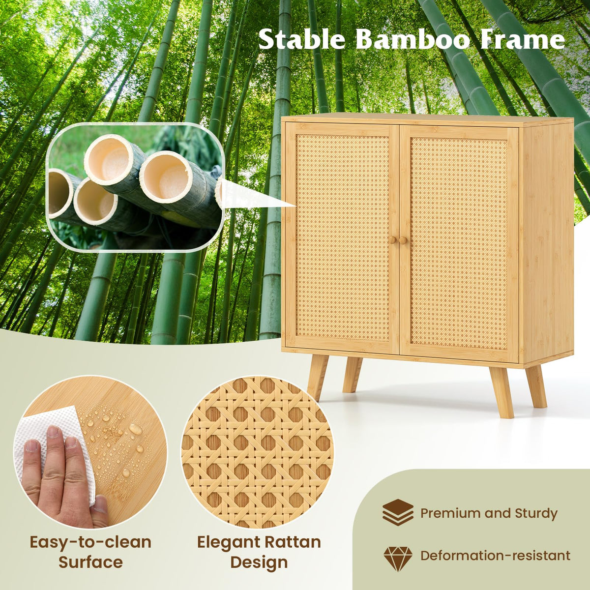 Goflame 2 Tier Bamboo Sideboard with PE Rattan Decorated Doors