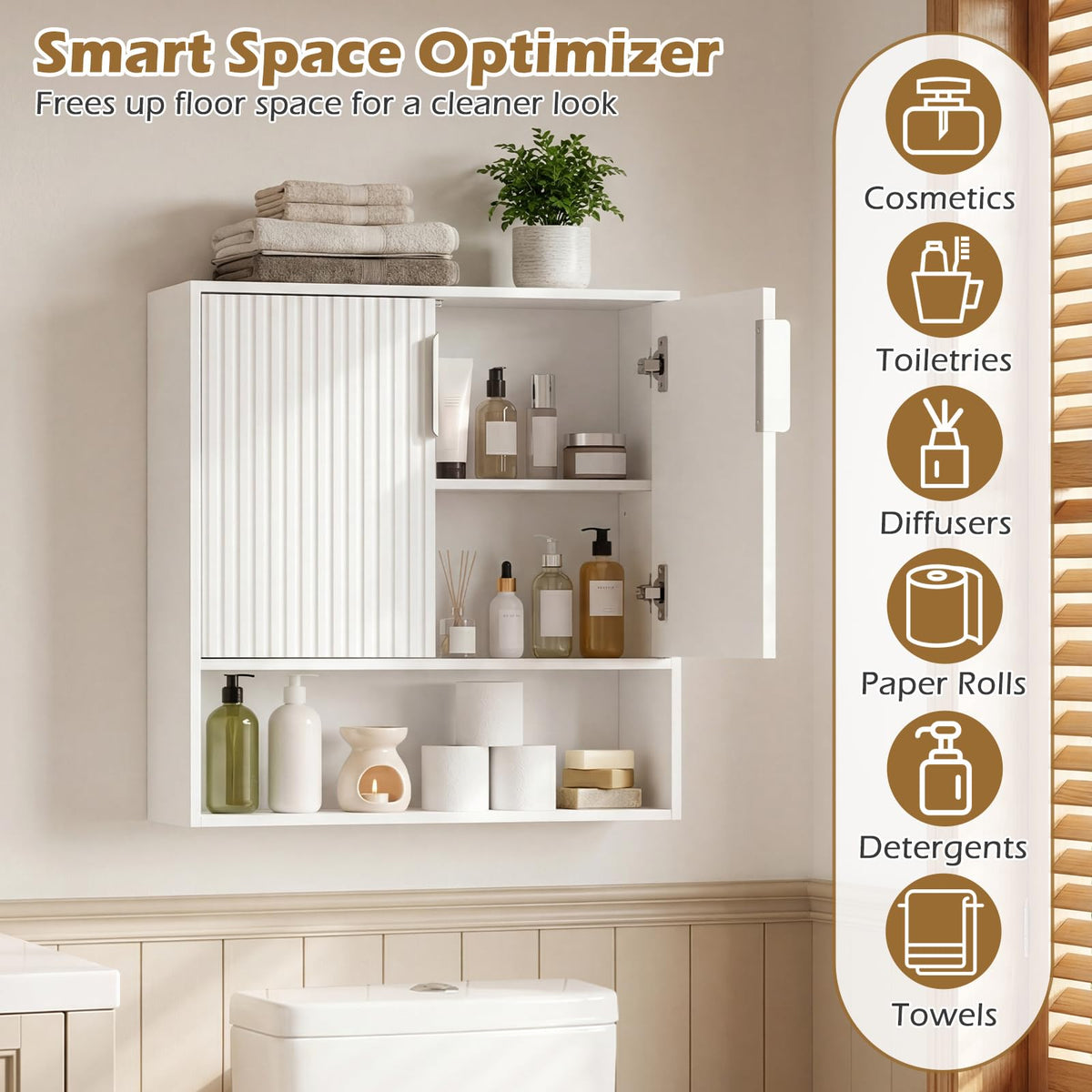 Goflame Fluted Bathroom Wall Cabinet | Over-the-Toilet Medicine Cabinet w/ 2 Doors