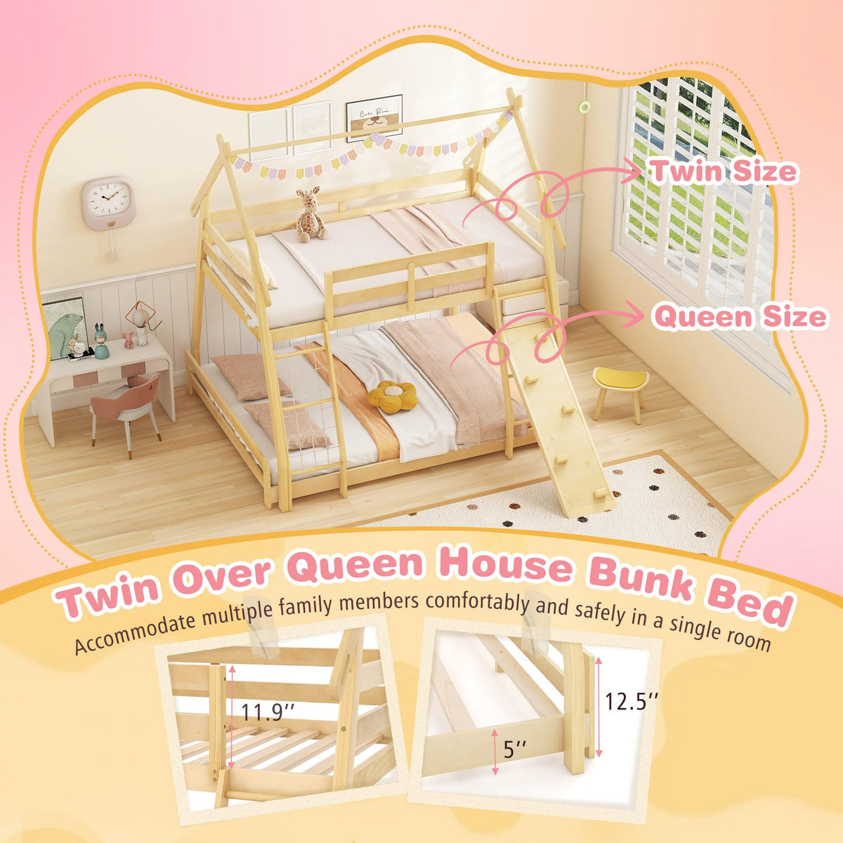Goflame Twin Over Queen Bunk Bed, Wood House Bunk Bed for Kids with Climbing Nets and Ramp