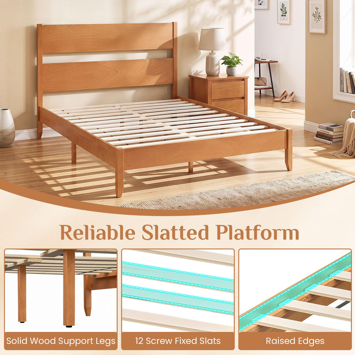 Goflame Queen/Full/Twin Size Wooden Bed Frame with Slatted Headboard