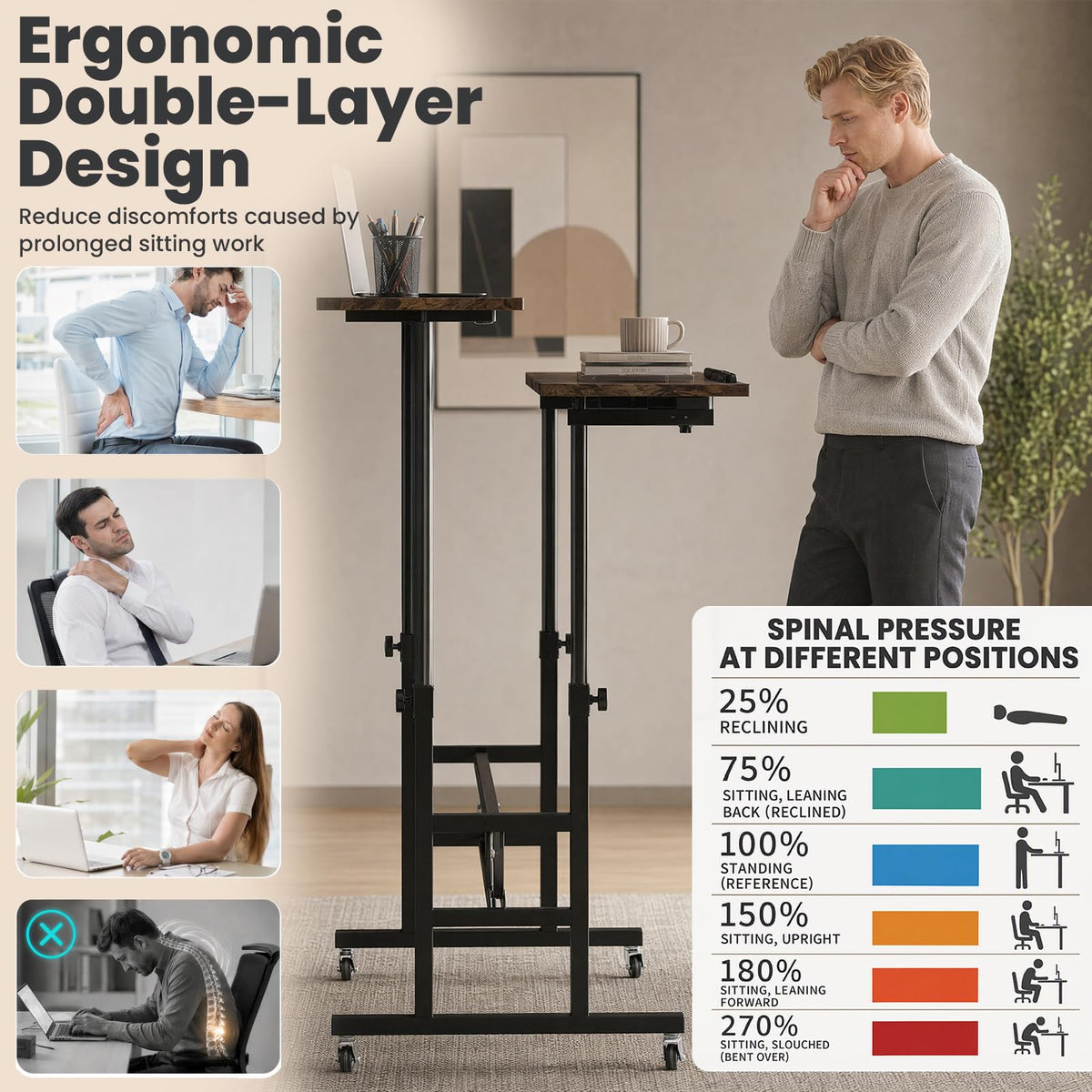 GOFLAME Small Height Adjustable Standing Desk with Wheels