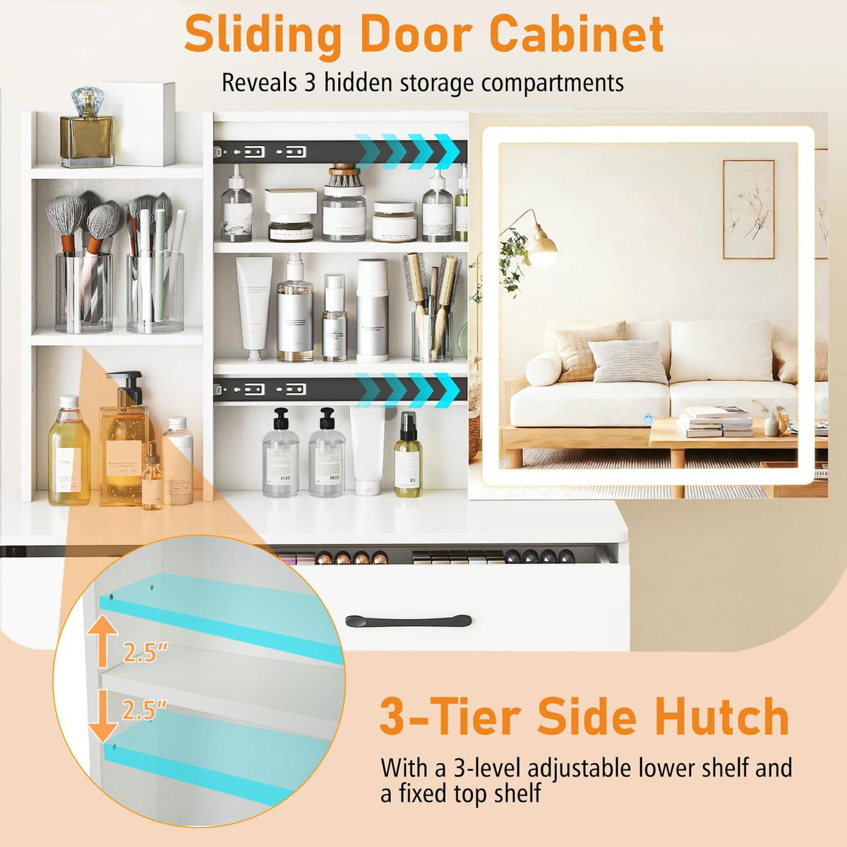 Makeup Vanity Desk with Sliding Mirror Cabinet, 38” Compact Vanity Table with Cushioned Stool
