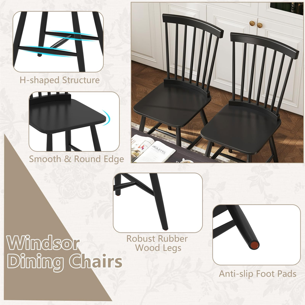 Goflame Windsor Dining Chairs Set of 2/4 Black, w/Wide Seat & Spindle Back, Max Load 400 Lbs