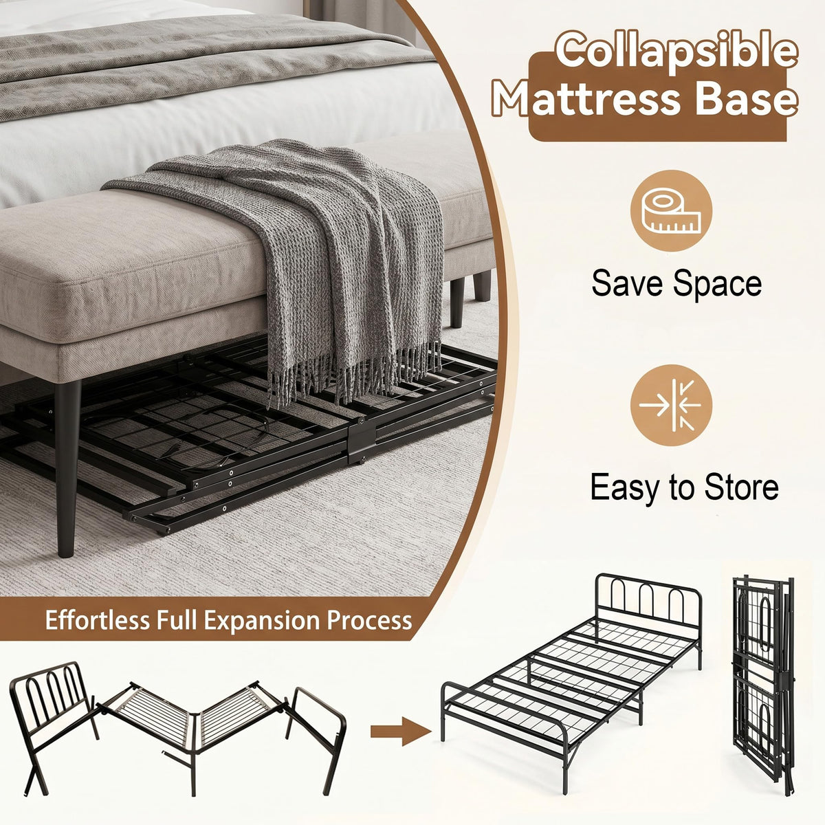 Goflame Foldable Metal Twin Bed Frame with Headboard and Footboard