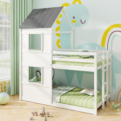 Goflame House Bunk Bed Twin Over Twin, Solid Wood Floor Bunk Bed with Built in Ladder, Window & Safety Guardrail