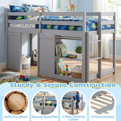 Goflame Wooden Low Kids Loft Bed with LED Lights and 2 Doors