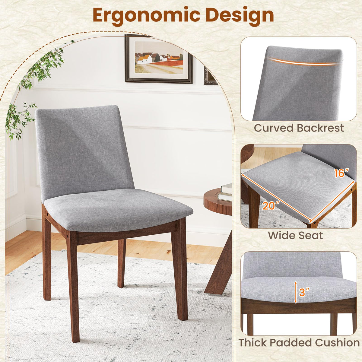 Goflame Upholstered Dining Chairs Set of 2/4, Linen Fabric Wooden Kitchen Chairs w/Rubber Wood Frame