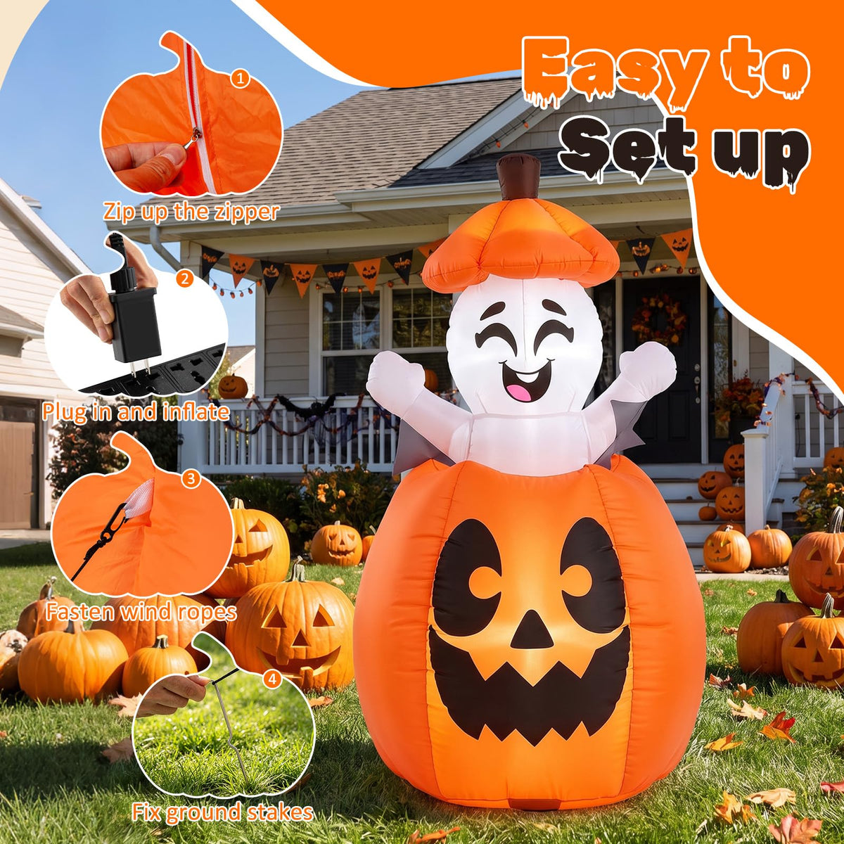 5 FT/150 CM Animated Halloween Inflatable Pumpkin and Rising Ghost