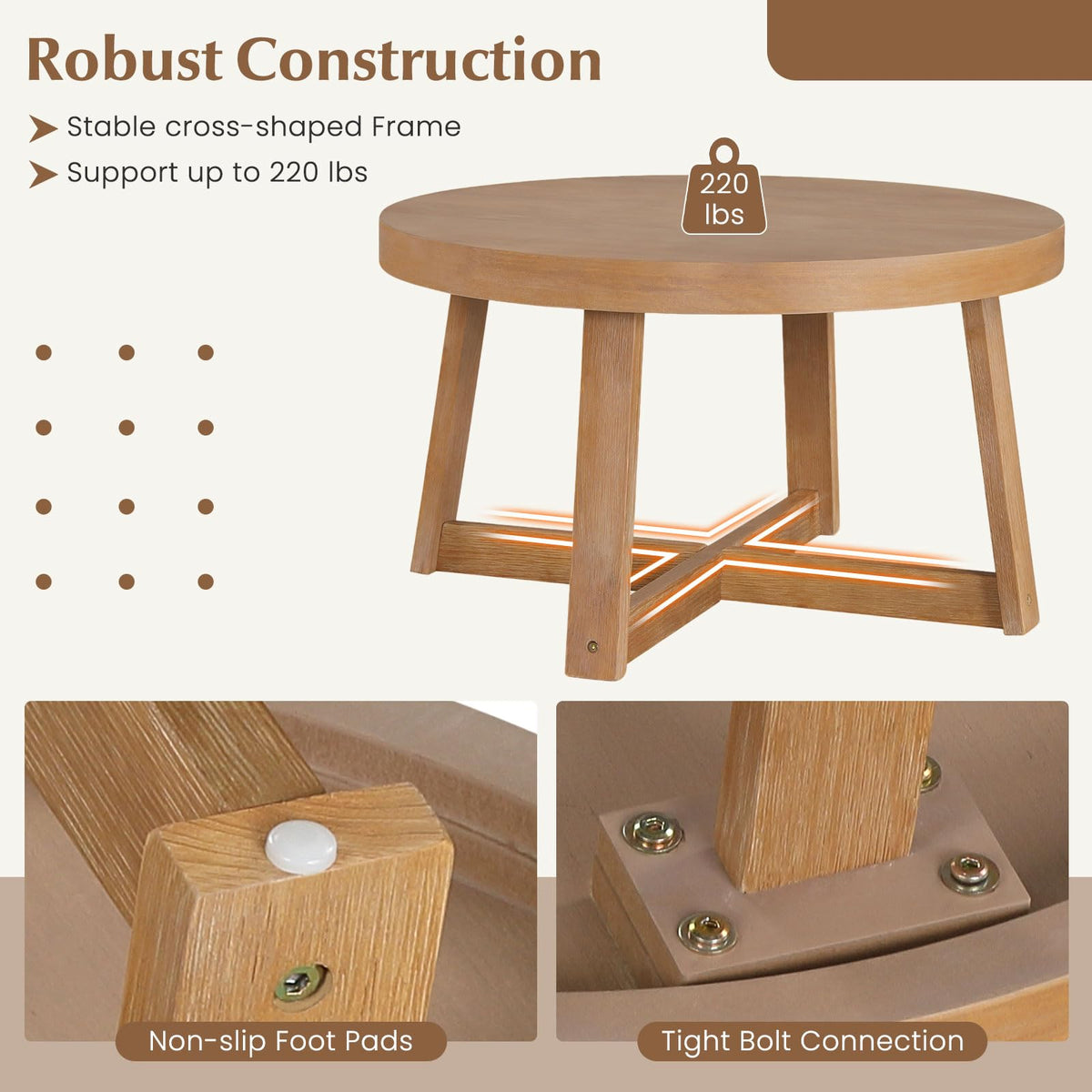 Goflame 30" Wood Center Table with Thickened Tabletop & Cross-Shaped Pine Wood Frame