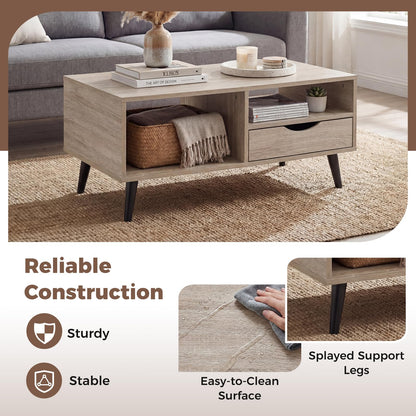 Goflame Wood Coffee Table with Storage Drawer 36.5 Inch Rustic Center Table
