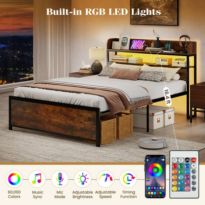 Goflame Metal Platform Bed Frame with Storage Headboard