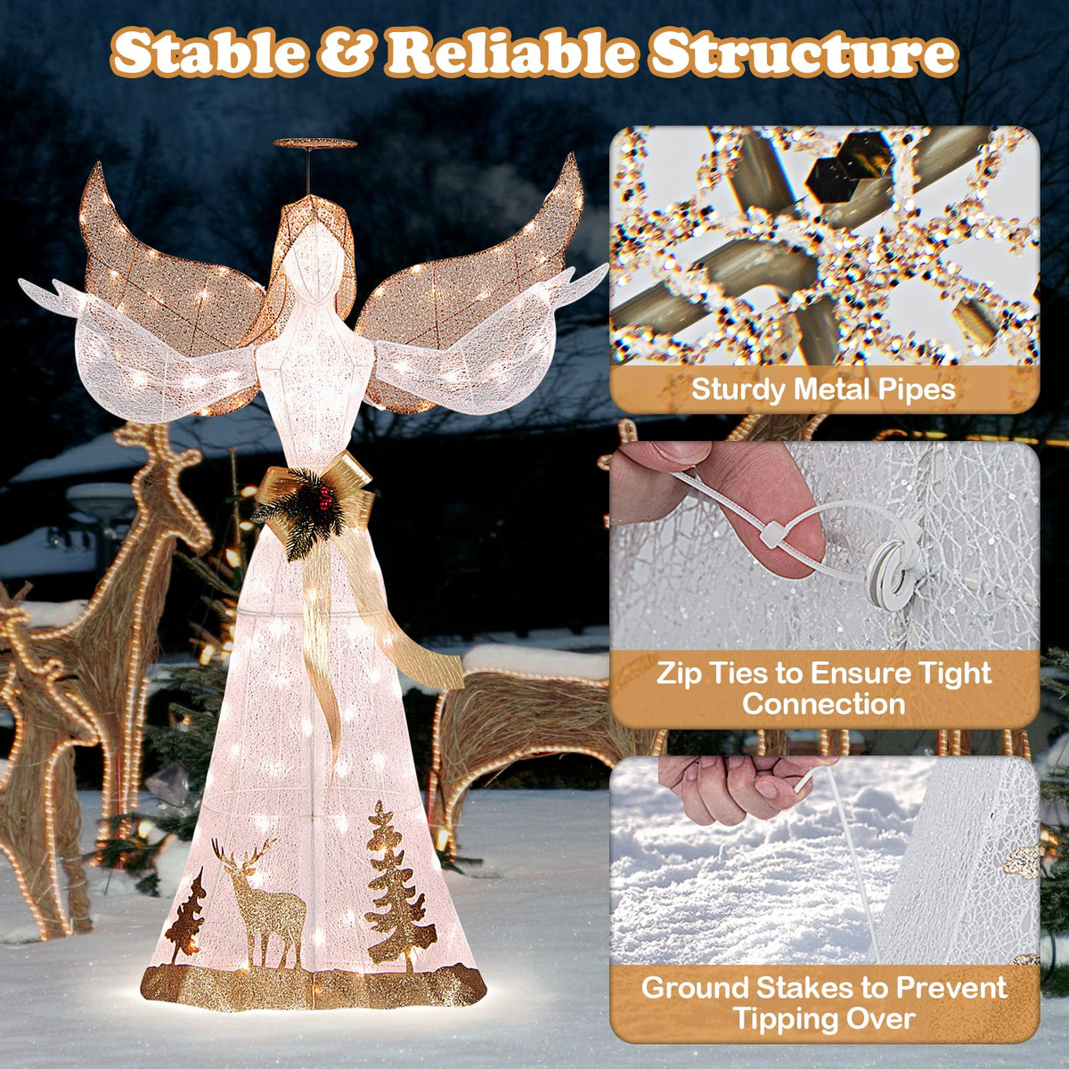 Goflame Pre-lit 3D Glittered Angel with 100 Warm White Lights Halo Bow Ground Stakes