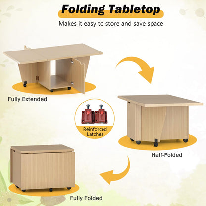 Goflame Folding Coffee Table 48 Inch Drop Leaf Extendable Center Table with Storage Cabinet & Wheels