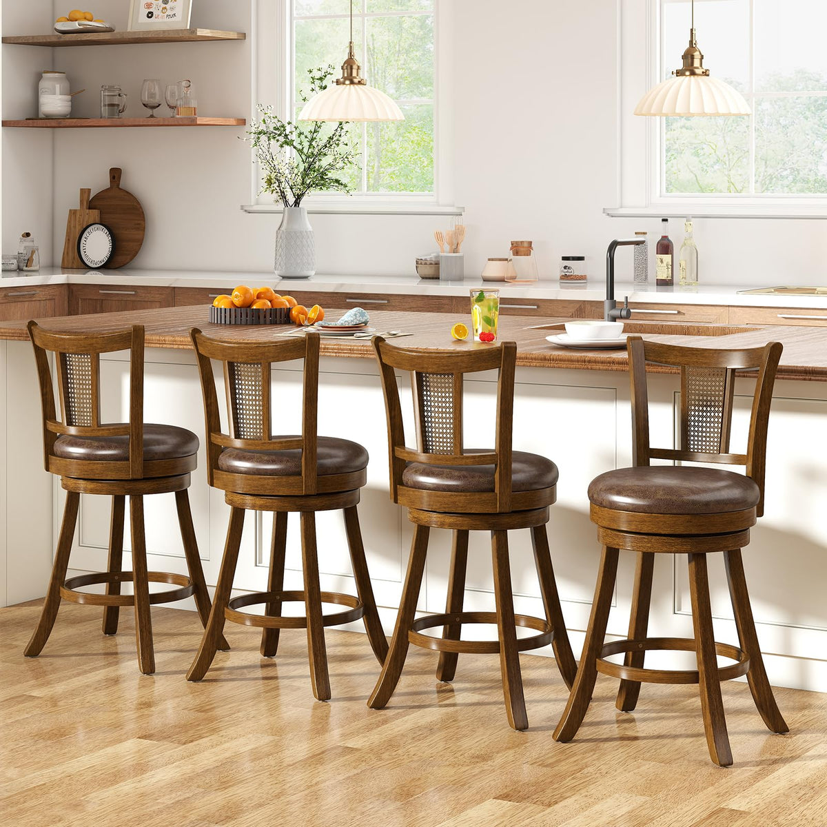 Goflame 25" Bar Stools Set Swivel Counter Height Bar Chairs with PE Rattan Back