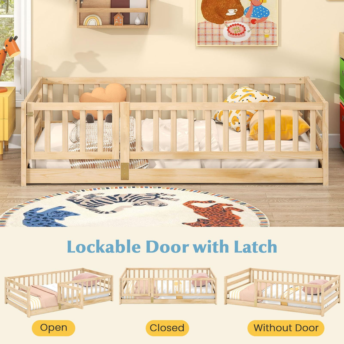 Goflame Twin Floor Bed with High Fence & Door