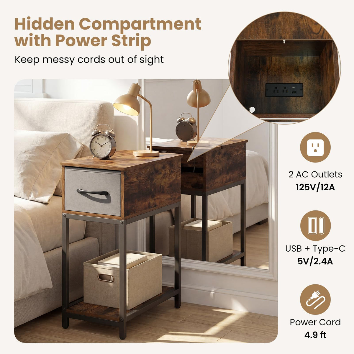 Goflame Narrow Side Table with Charging Station and LED Lights Industrial End Table