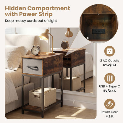 Goflame Narrow Side Table with Charging Station and LED Lights Industrial End Table