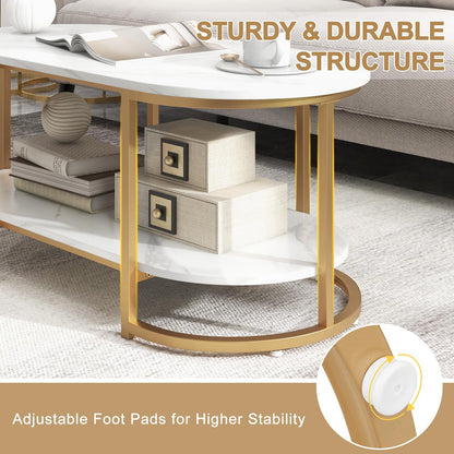 Goflame White Marble Coffee Table - Modern 2-Tier Center Table w/Open Storage Shelf