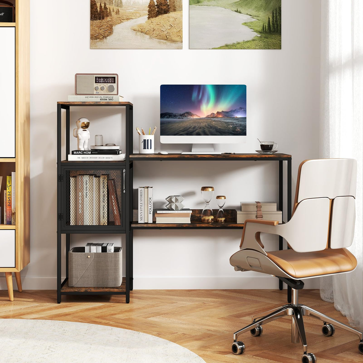 Goflame Modern Computer Workstation Home Office Desk with Storage Cabinet and Shelves