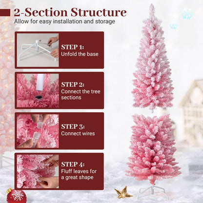 Goflame 6ft / 7ft Pink Slim Pencil Christmas Tree | Pre-lit Snow Flocked Artificial Skinny Xmas Tree