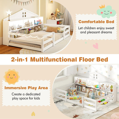Goflame Montessori Floor Bed with LED Lights 2-in-1 Wooden House Bed Frame with Safety Guardrails