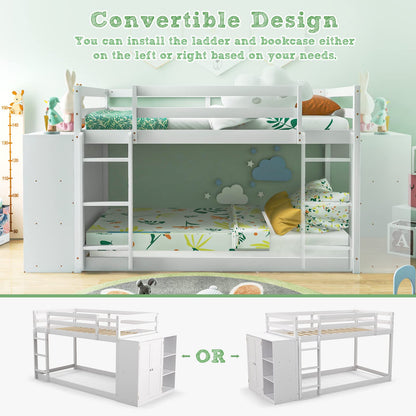 Goflame Twin Over Twin Bunk Bed with Storage Shelves, Solid Wood Bunk Bed Frame with Convertible Bookcase & Ladder, White
