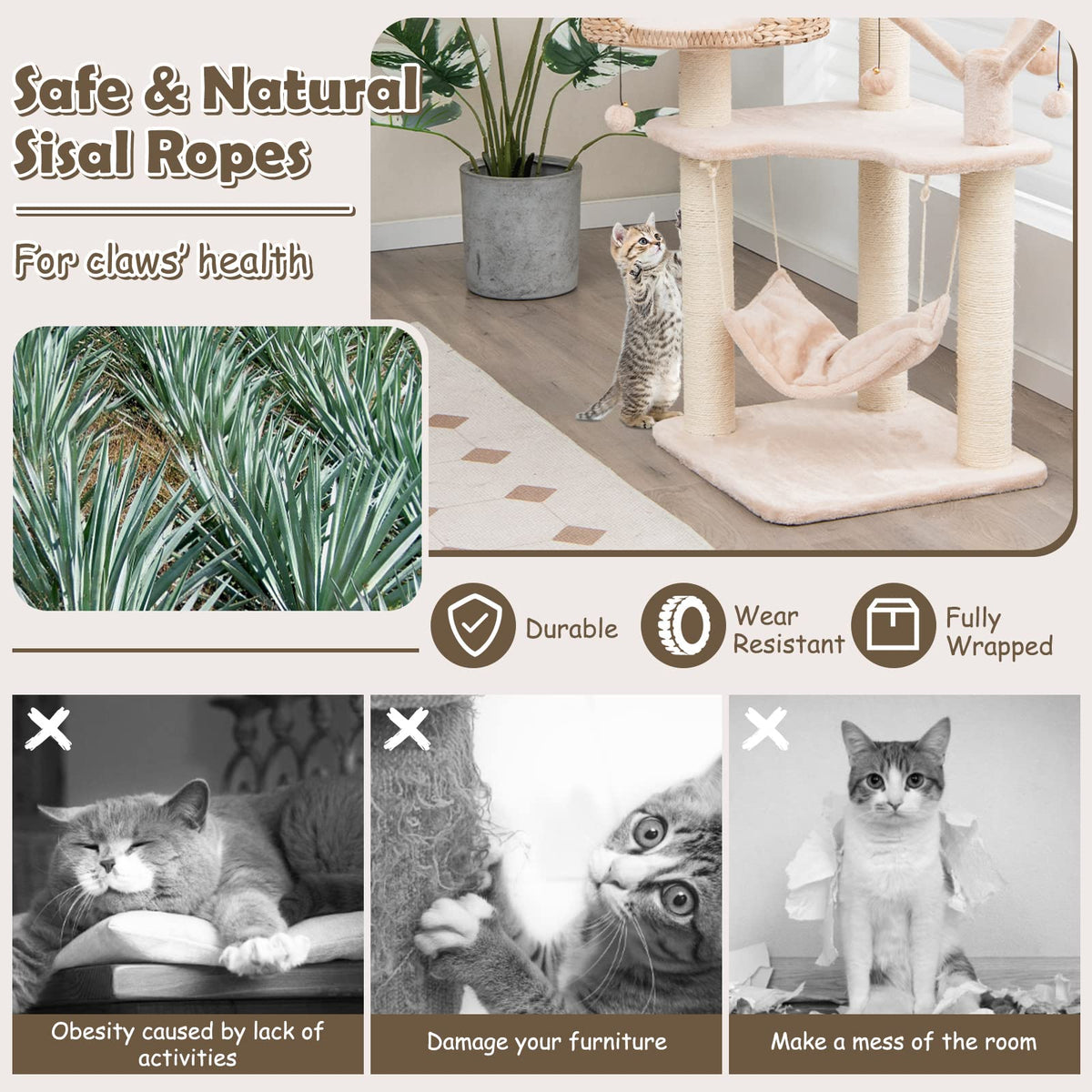 Goflame Wooden Cat Tree, 48 inches Cat Tower with Cattail Condo, Cat Bed, Hammock, Rotatable Jingling Balls