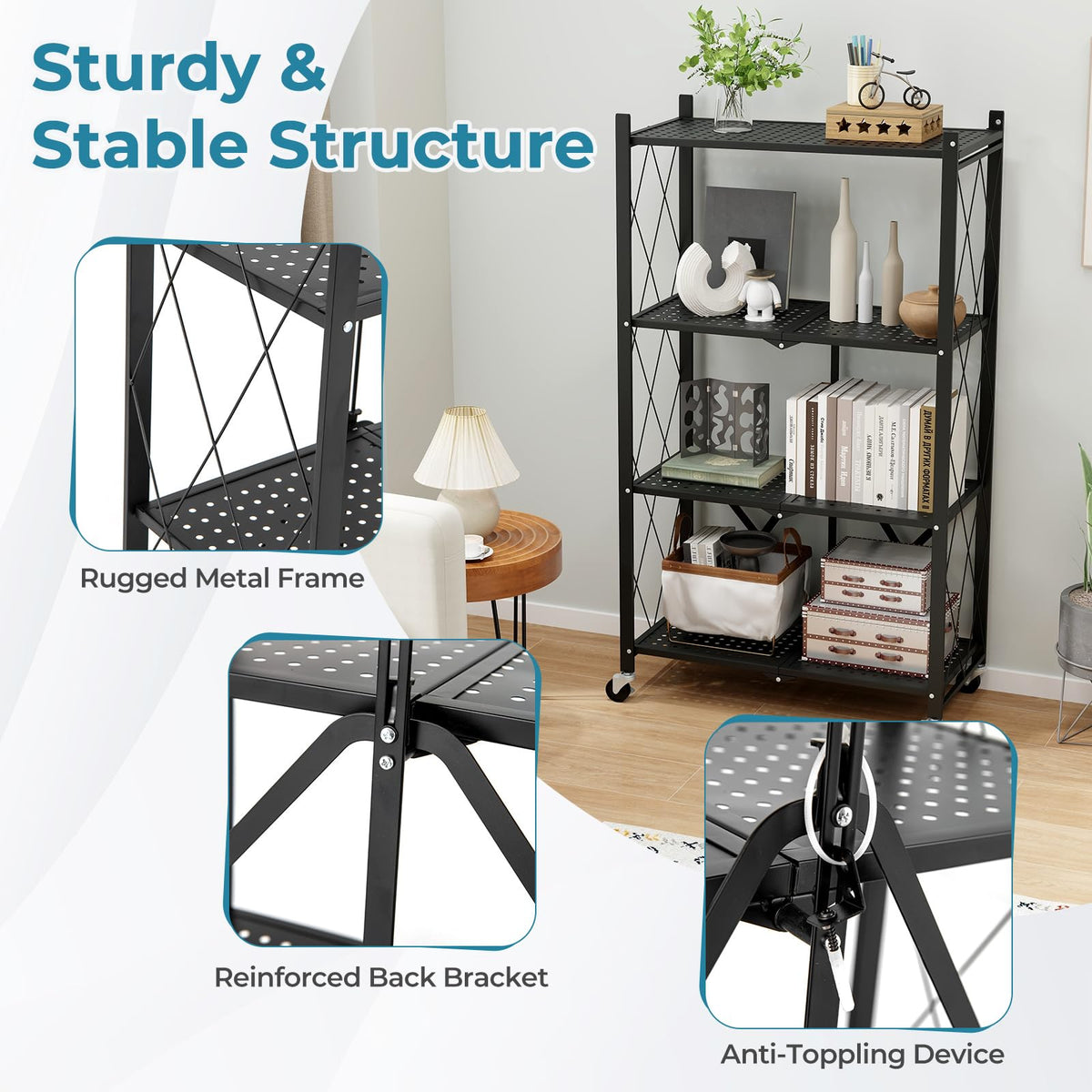 Goflame 4-Tier Foldable Storage Shelf, Collapsible Shelving Unit Display with Lockable Wheels