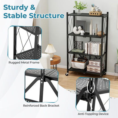 Goflame 4-Tier Foldable Storage Shelf, Collapsible Shelving Unit Display with Lockable Wheels