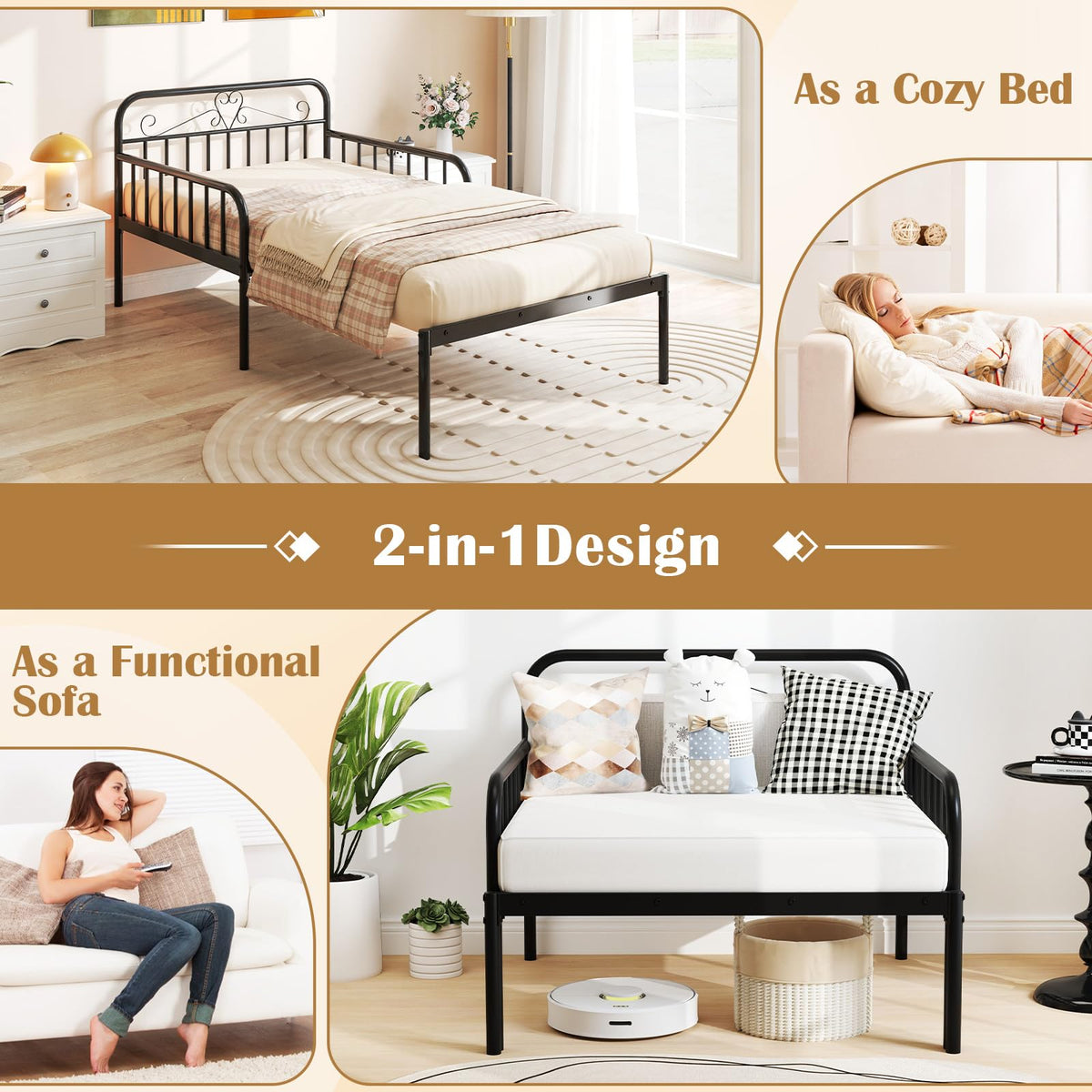 Goflame Metal Twin Bed Frame, Convertible Sofa Bed with Headboard & Armrests, Pull-Out Sleeper Chair Bed