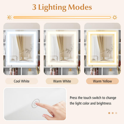 Makeup Vanity Set with Mirror and Lights, White Makeup Desk and Chair Set with Charging Station