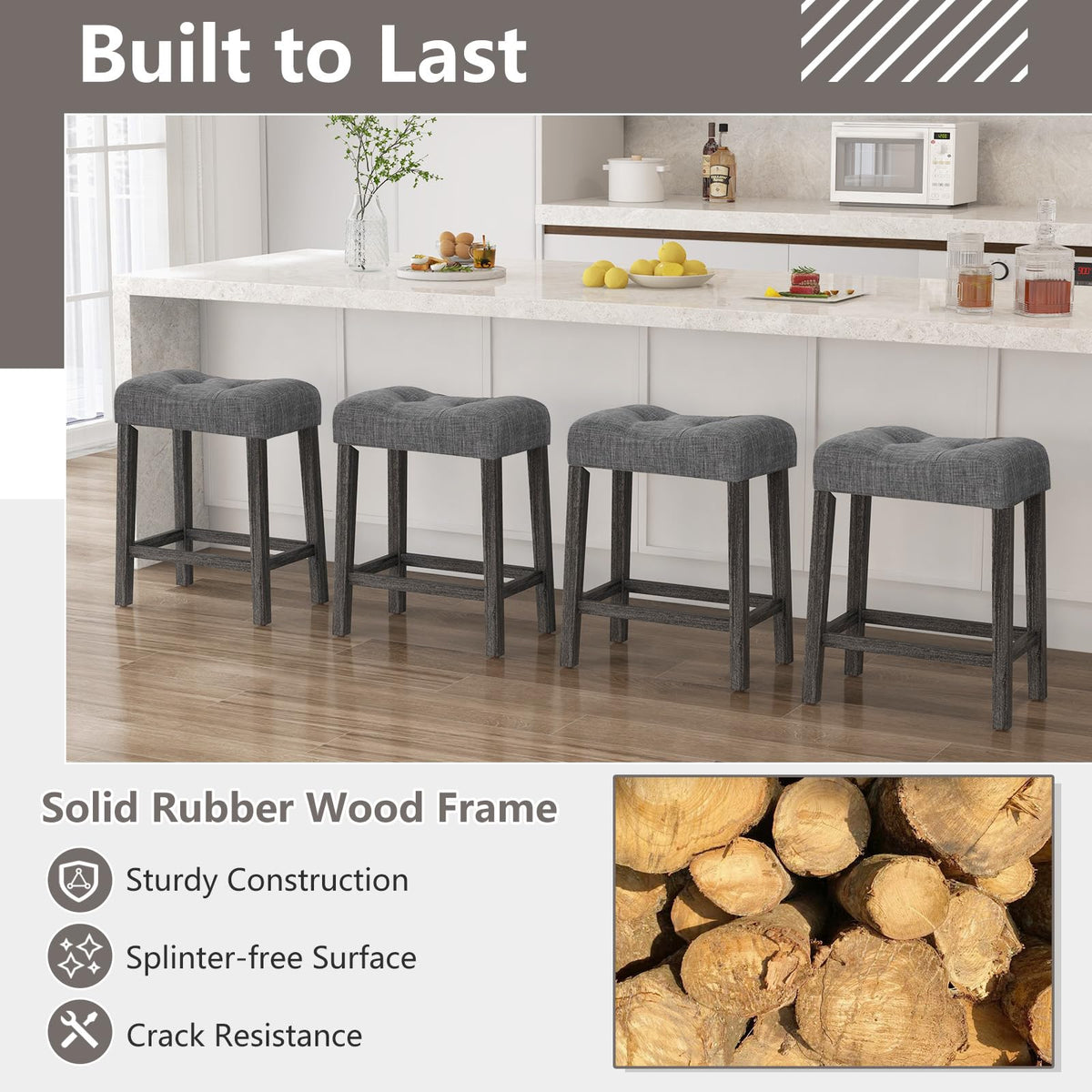 Goflame 24" Bar Stools, Backless Counter Height Saddle Bar Stools w/Padded Seat, Solid Rubber Wood Legs