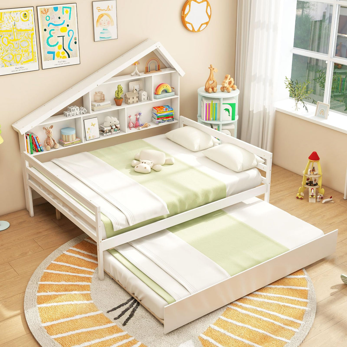 Goflame Full House Bed with Twin Trundle, Wood Daybed with 5 Cube Storage Bookcase & Headboard