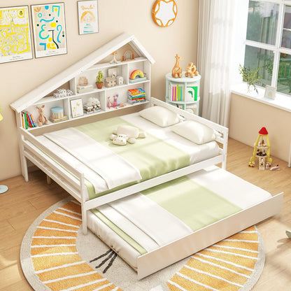 Goflame Full House Bed with Twin Trundle, Wood Daybed with 5 Cube Storage Bookcase & Headboard