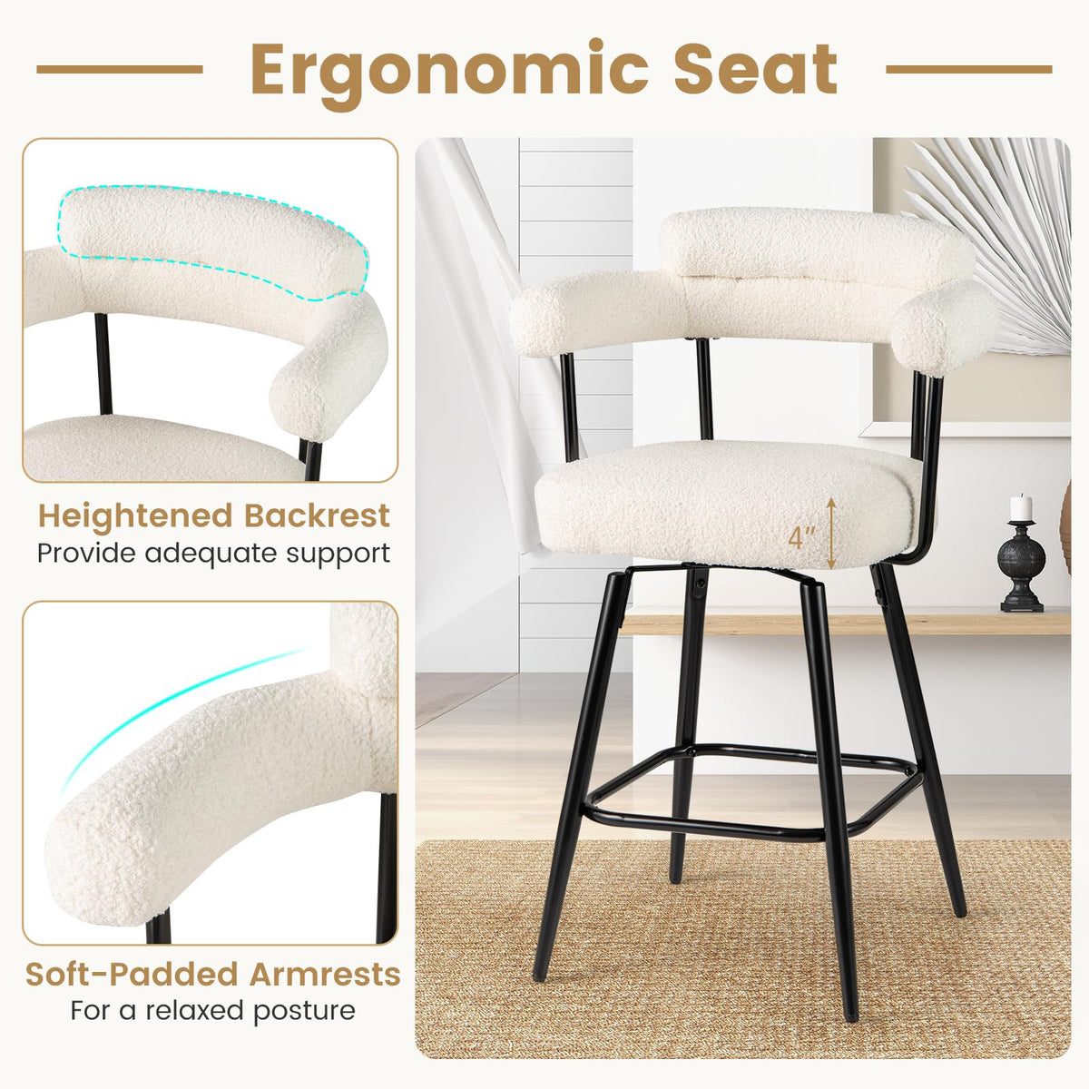 Goflame Swivel Bar Stool Set of 2/4 Counter Height Chairs with Curved Back and Arms