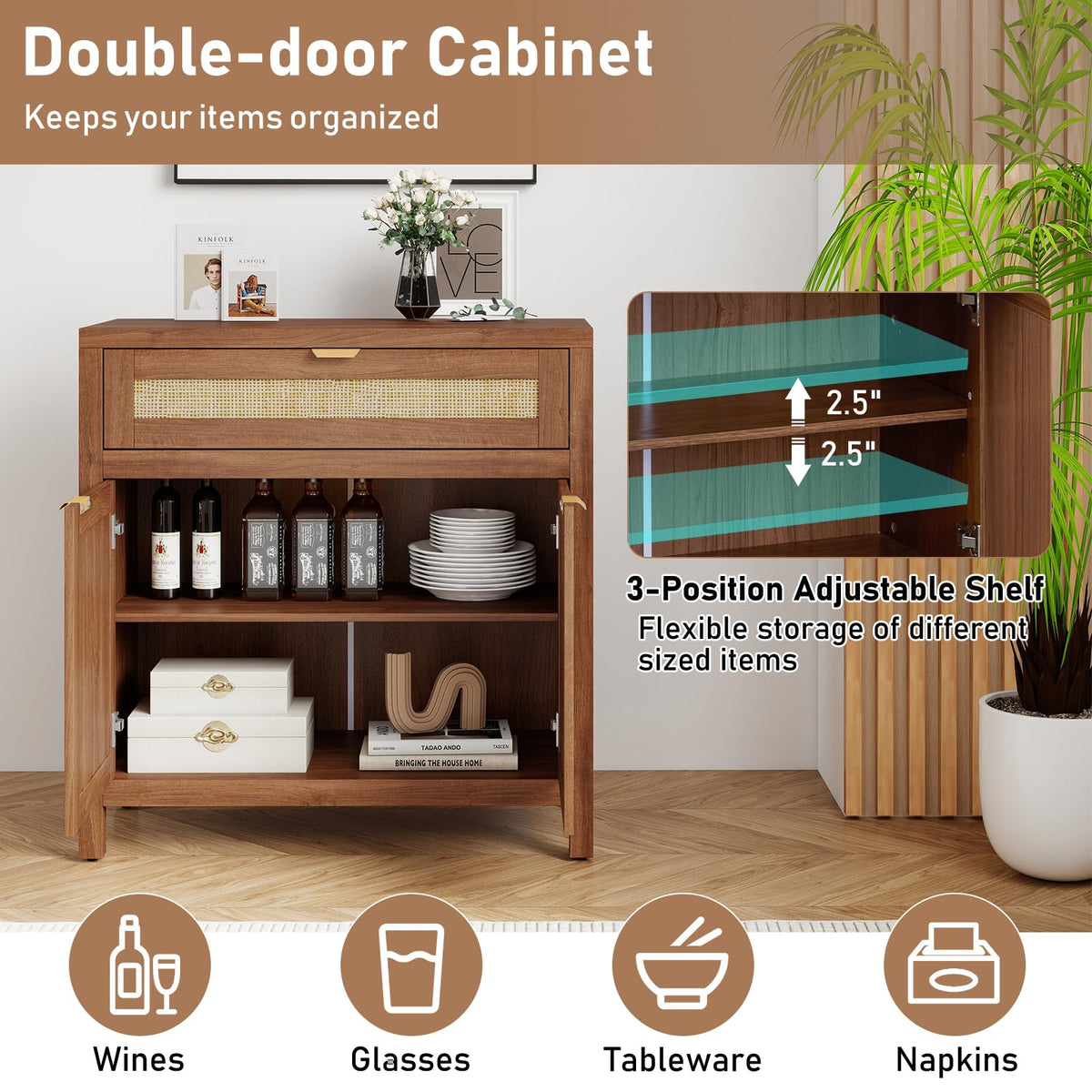 Goflame Sideboard Buffet Cabinet Rustic Rattan Storage Cabinet w/ 2 Doors