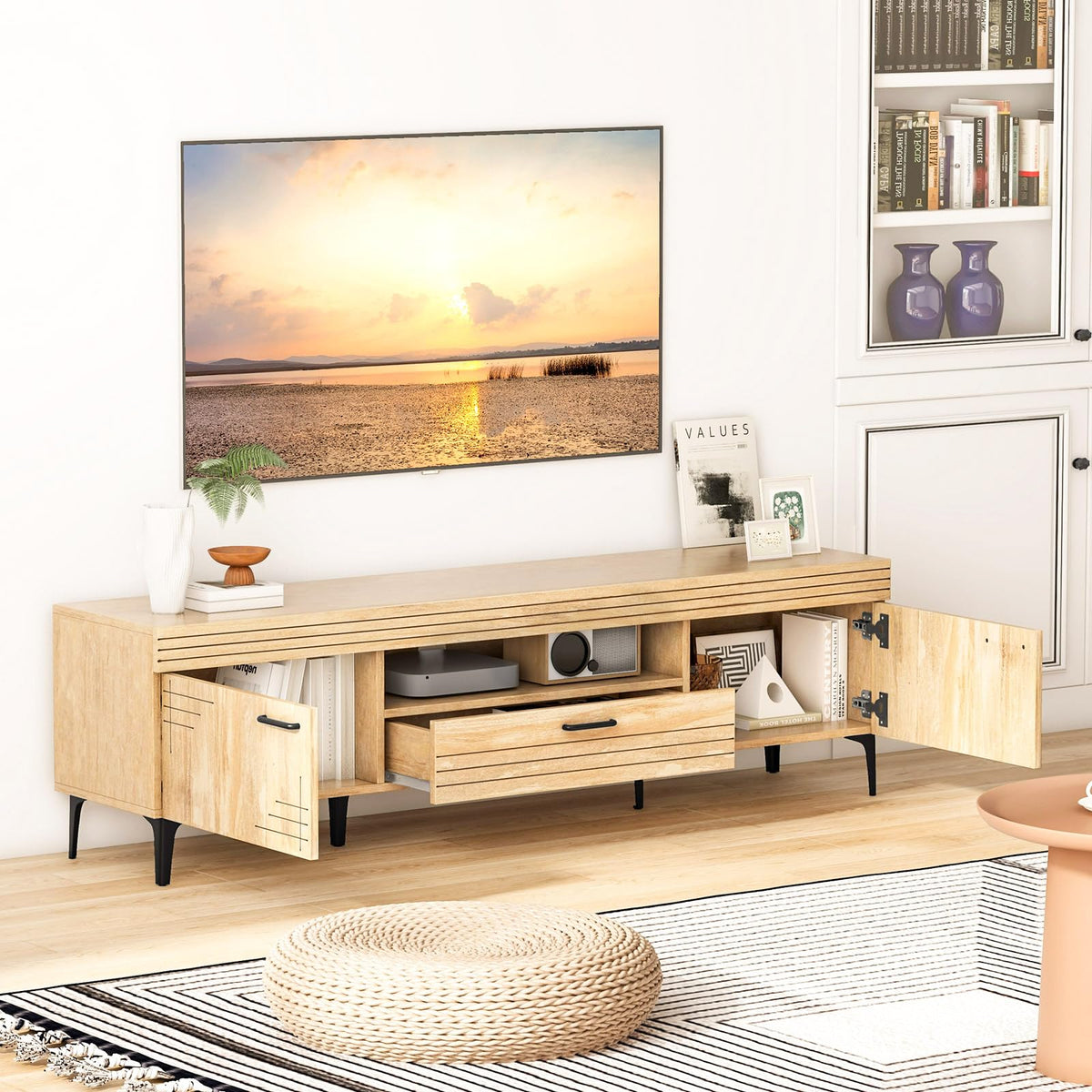 Goflame TV Stand for TV up to 65 Inches, Mid Century Modern Entertainment Center with 2 Cabinets